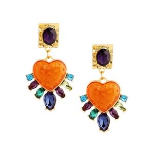 Zara Gold-Tone Orange Heart Drop Earrings with Multicolor Stones